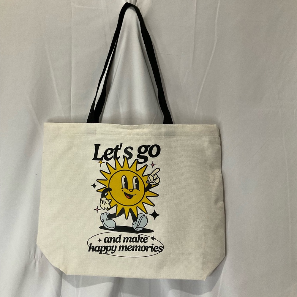 Handmade Canvas Tote Bag, Lets Go and Make Happy Memories 15” X 18” X 5” Large
